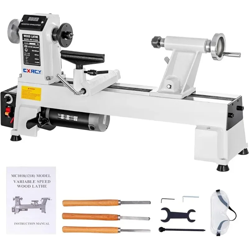 

12" x 18" Wood Lathe, Benchtop Wood Lathe Machine 3/4 HP Infinitely Variable Speed 650-3800 RPM with Goggle & 3 Chisels