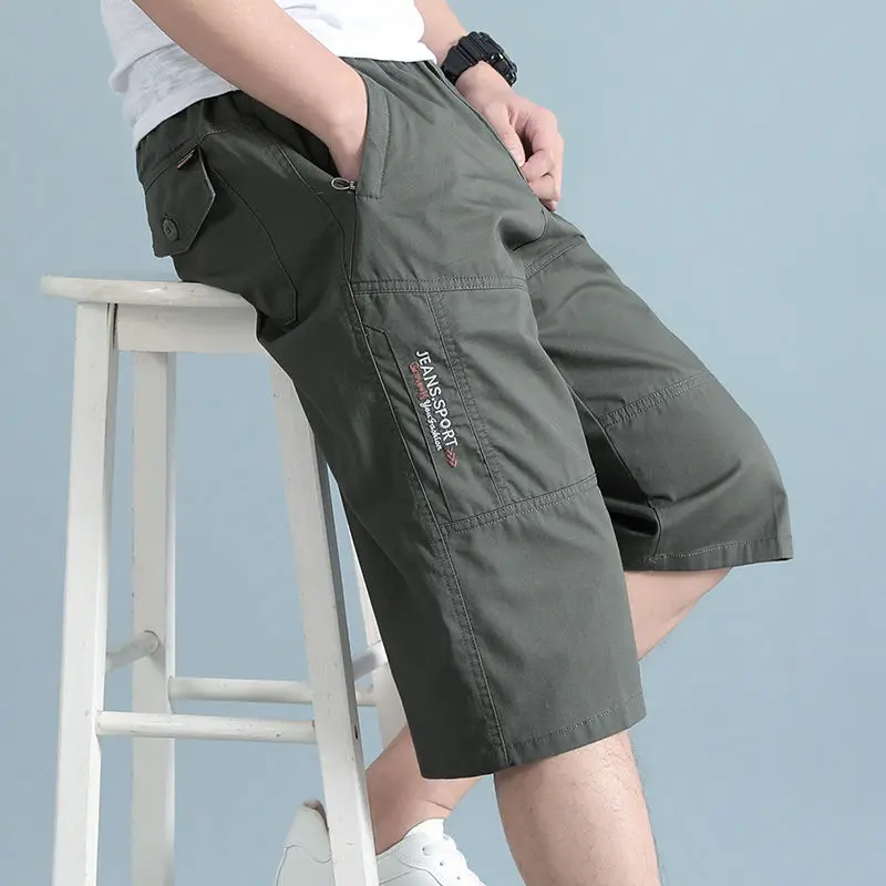 Men Cropped Cargo Shorts Men\'s Casual Sports Pants Zipper Pocket Summer Cotton Shorts Running Jogger Shorts Elastic Waist