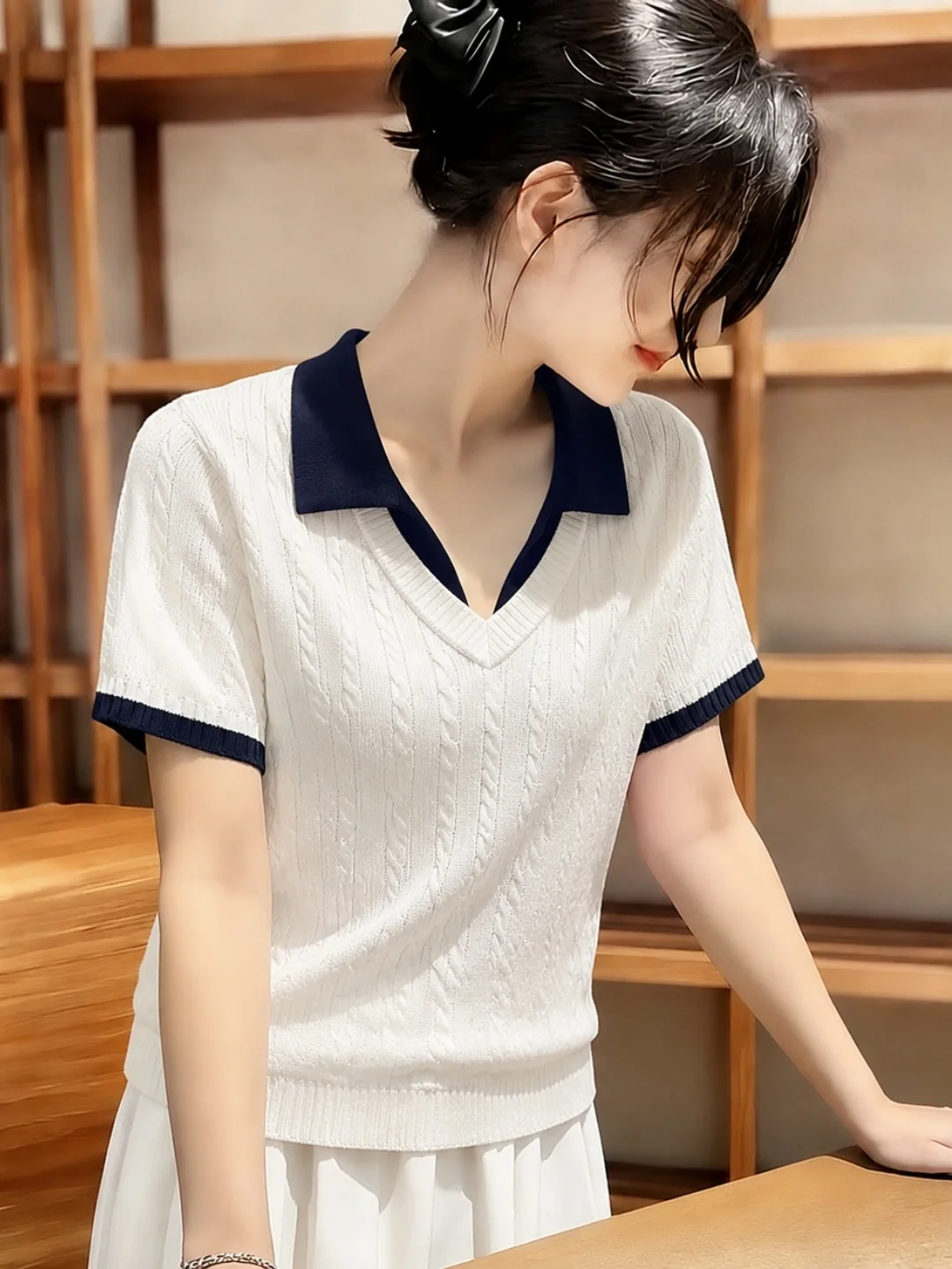 

Fashionable Ice Silk Knitted Short Sleeve Top Women's Color Block Korean Style Versatile Basic Neck Straight Cut Summer ...
