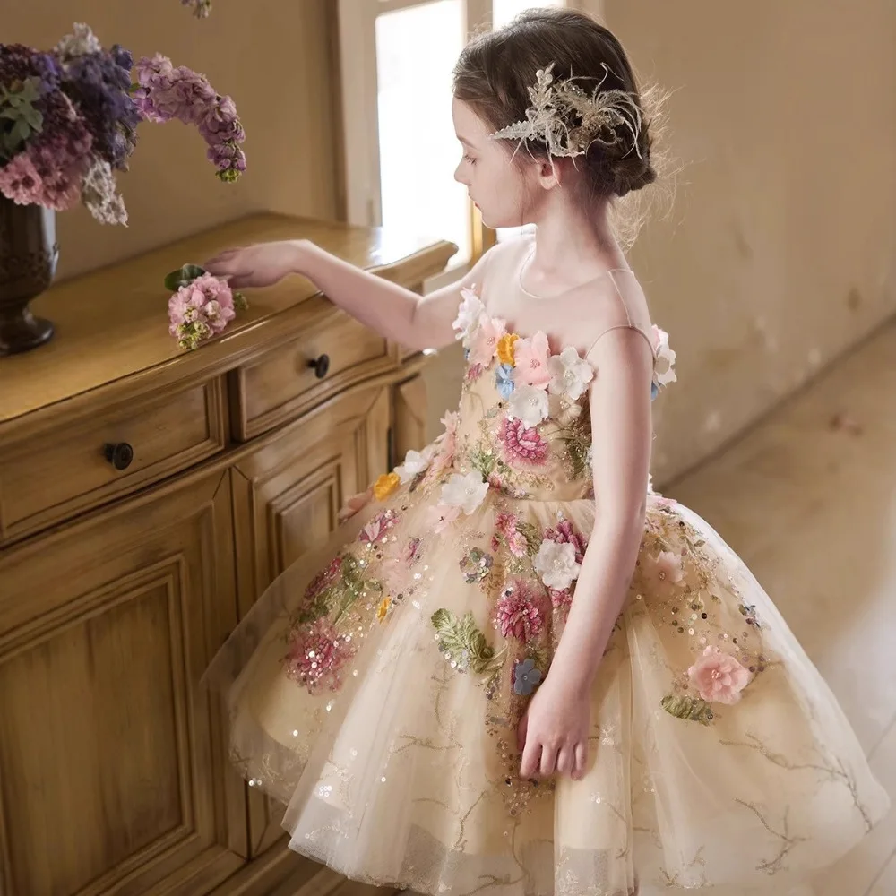 Custom Flower Girl Dress Wedding Gown Birthday Party Pageant Dress 3D Floral Embroidered Sequin Tulle Princess Dress For Girls