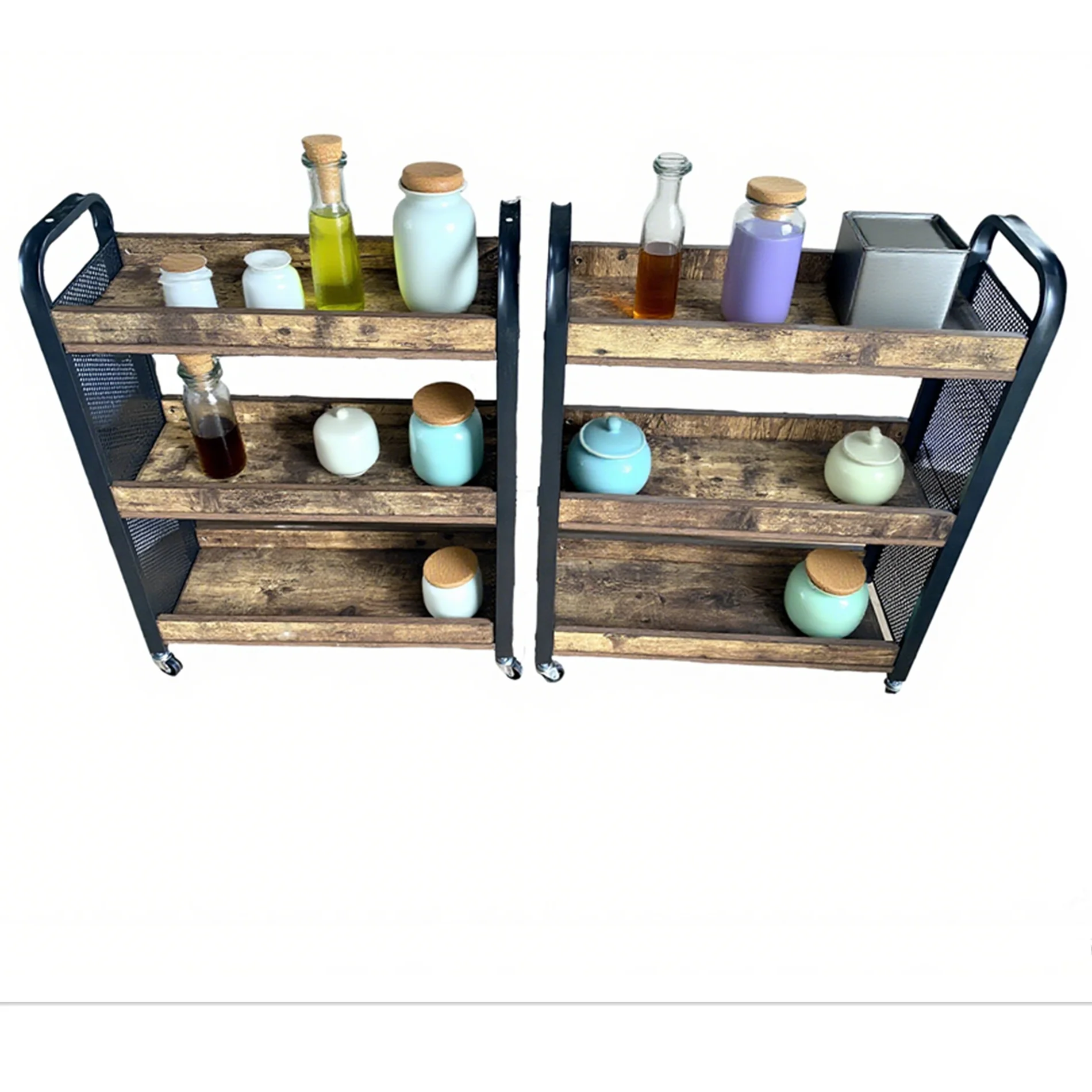 ￥3-tier-mobile-storage-cart-organizer-narrow-rolling-trolley-with-steel-frame-and-engineered-wood-kitchen-islands-carts