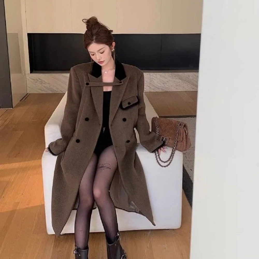 

Korea Hepburn Style Small Fragrance Style High-End Brown Wool Coat Women Autumn Winter Loose Temperament Spliced ​​Wool Coat