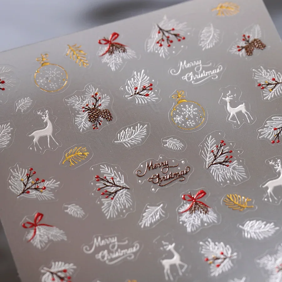 5D Christmas Relief Fairy White Deer Leaf Glossy Gold Feather Adhesive Nail Art Stickers Decals Manicure X'mas Snowflake Charms