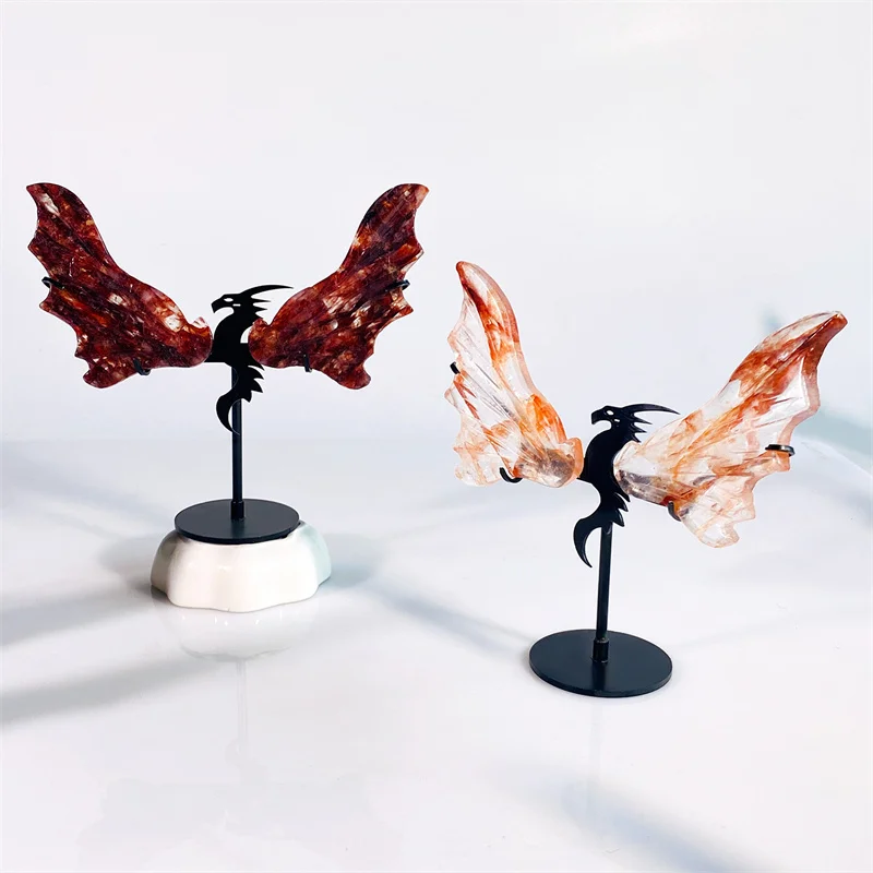 Natural Red Fire Quartz Hematoid Dragon Wings Carving Crafts Healing Gemstone Stone Gifts Home Ornament Decoration 1pair