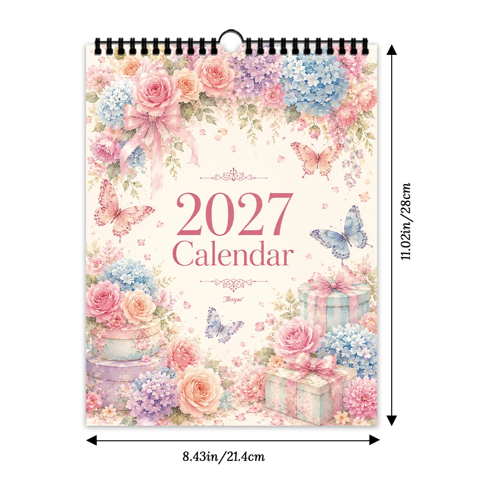 1pc, Custom 2027 Wall Calendar, Pink Rose Hydrangea Butterfly Art, Monthly Hanging Calendar, Christmas New Year Wall Decor