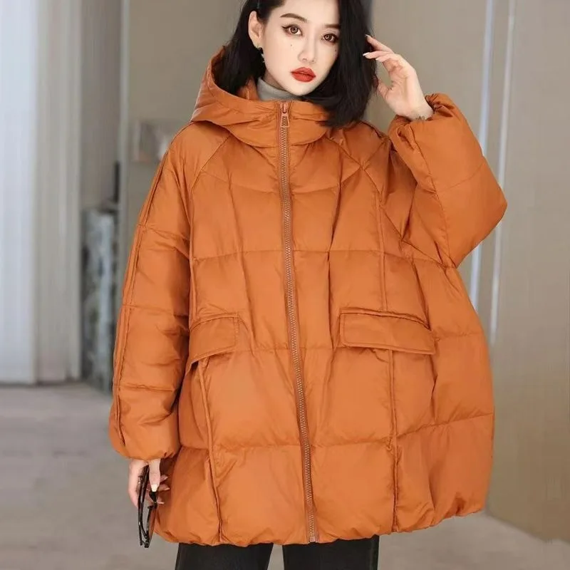 Women's Autumn and Winter Fashion High Street Loose Warm Women's Large Size White Duck Down Loose Medium and Long Hooded Jacket