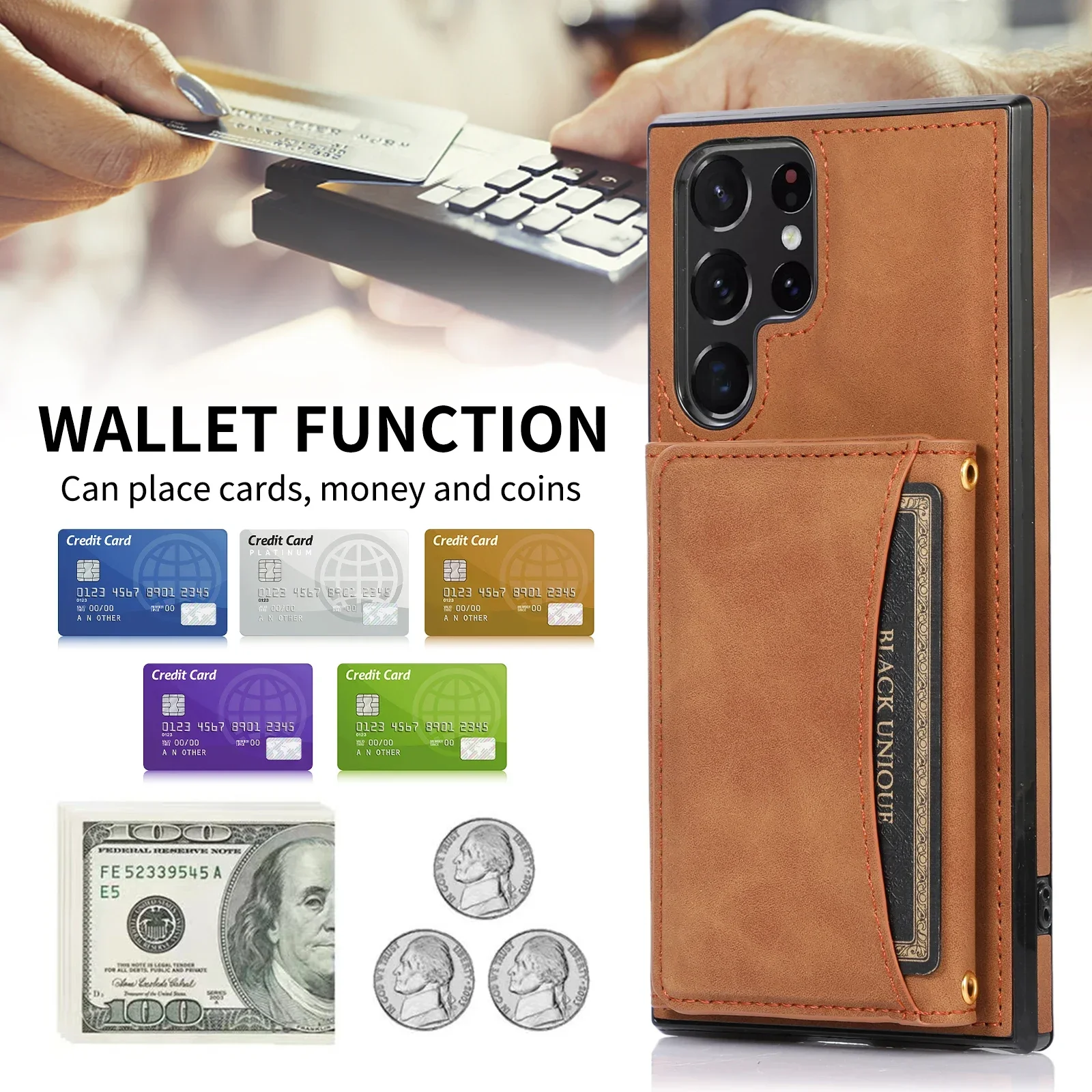 Triple Folded Matte Leather Wallet Case for Samsung S25 Ultra S24 FE S23 S22 Plus S21 A55 A14 Cards Slots Kickstand Flip Cover