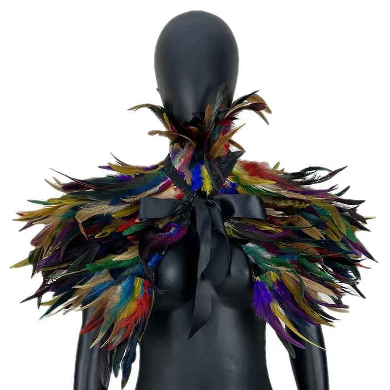 Gothic Punk Feather Shawl Cape Shrug Shoulder Wrap Fake Choker Collar Stole Epaulet Halloween Cosplay Party Stage Show Shirt