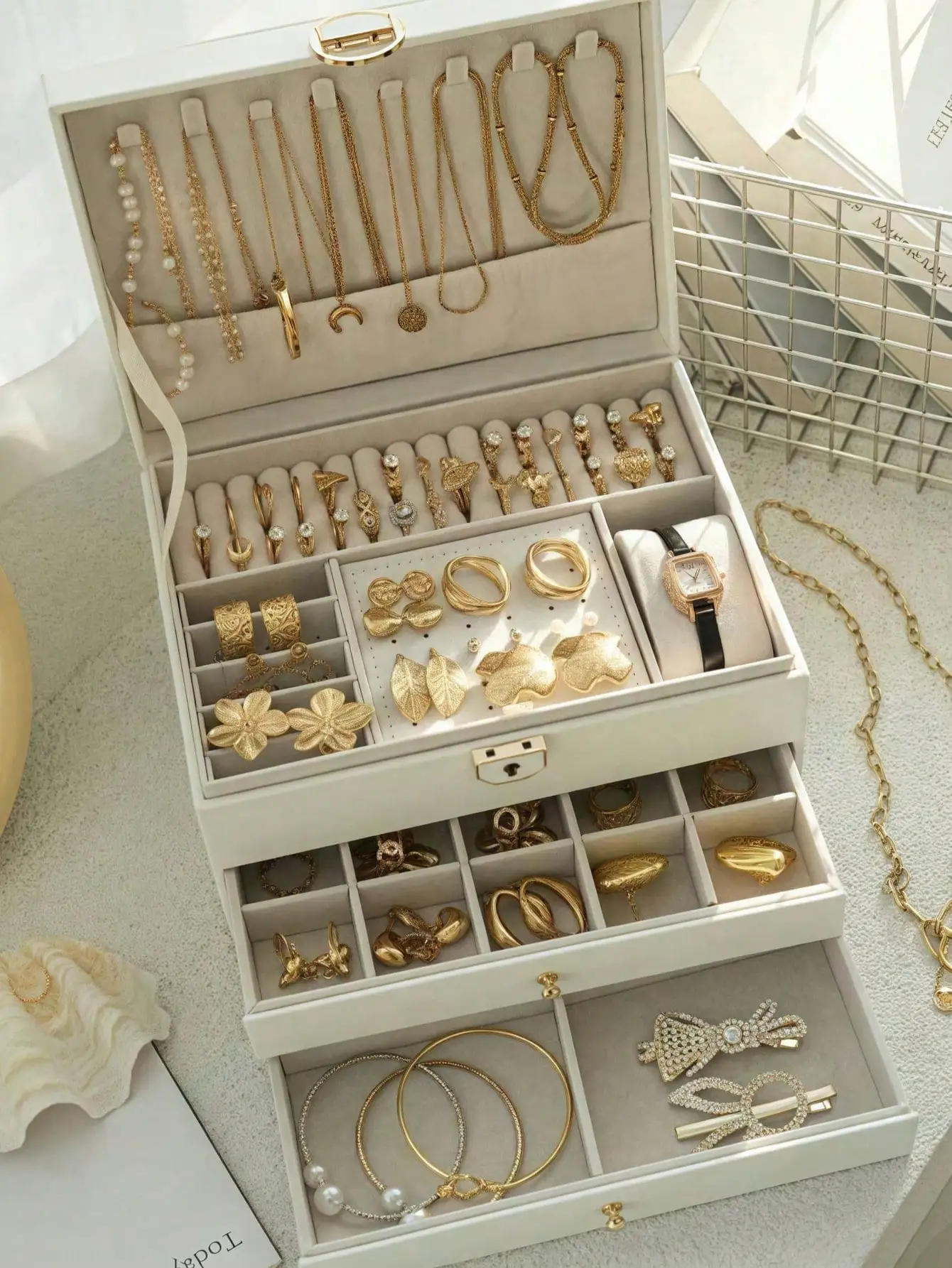 

Запираемый 3-х уровневый органайзер для ювелирных изделий, ящик для хранения часов и ожерелья