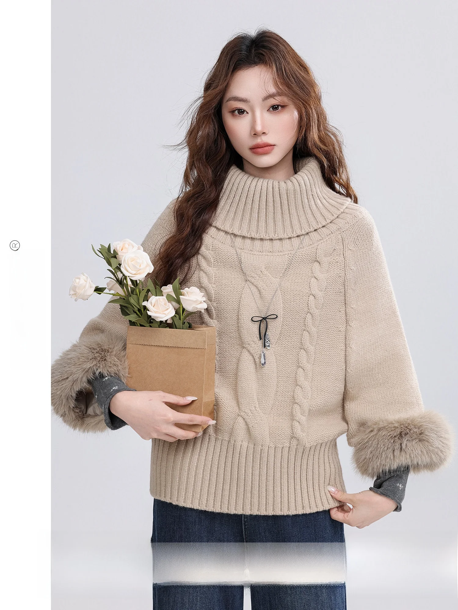 

Ele High Collar Knitted Sweater with Twist Design And Furry Cuff for Women Winter 2025 Faionable Vintage Sle Polyeste...
