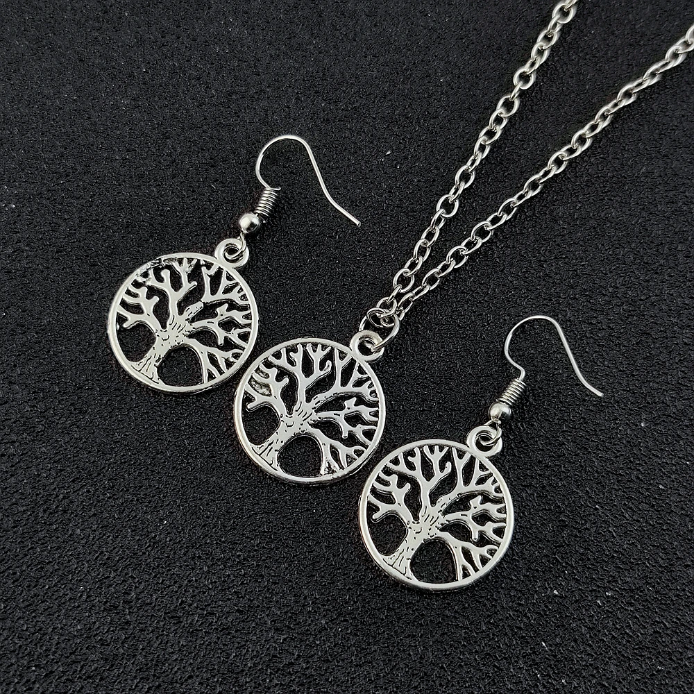 Round Hollow Wishing Tree Pendant Necklace Earrings Set Tree of Life Pendant Fashion Bijoux Collier Elegant Women\'s Jewelry Gift