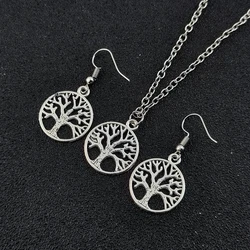 Round Hollow Wishing Tree Pendant Necklace Earrings Set Tree of Life Pendant Fashion Bijoux Collier Elegant Women's Jewelry Gift