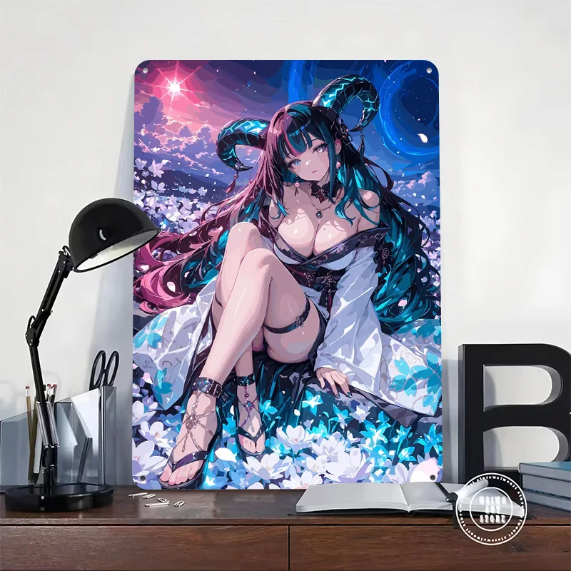 Anime Demon Girl in Floral Setting Poster Customized Vintage Metal Signs Wall Art Retro Tin Plaque for Living Room Decorations
