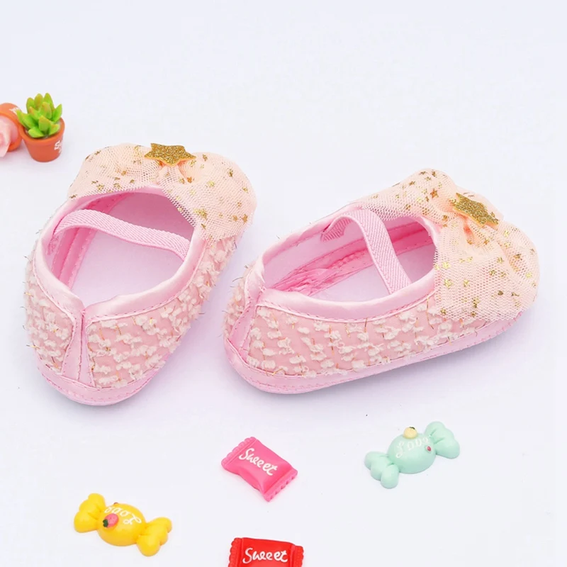 Zapatos de princesa con lazo de encaje para niña recién nacida, calzado antideslizante de suela suave para primeros pasos, a la moda