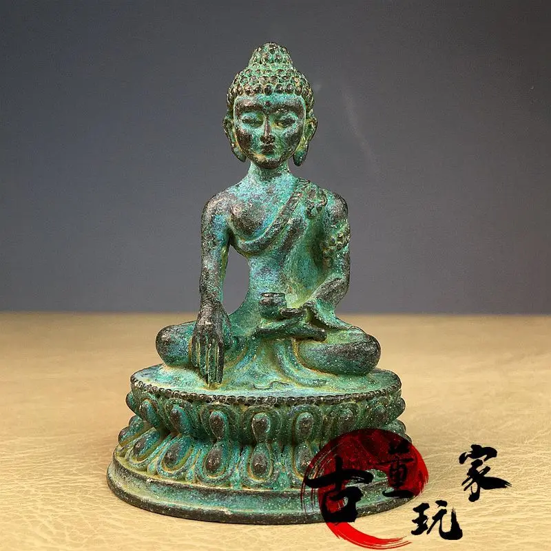 Vintage engraving, bronze color, green rust, pulp, Sakyani pharmacist Buddha Tibetan legend portable medicine king