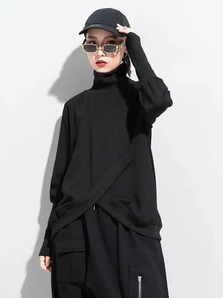 Women Black Irregular Split Joint Big Size T-shirt New Turtleneck Long Sleeve Fashion Tide Spring Autumn