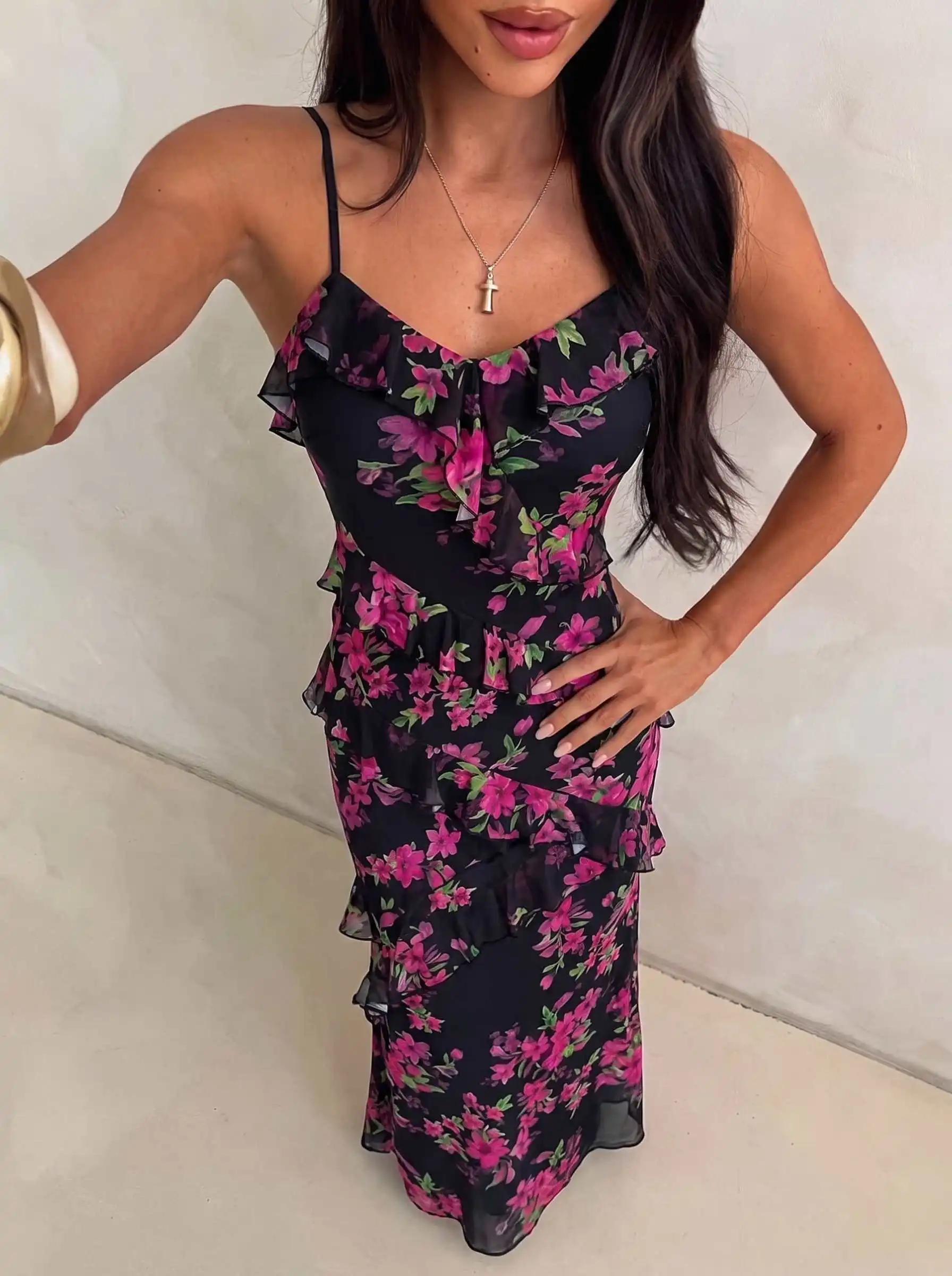 Damen Aquarell-Rosen-Print Cami-Kleid mit Rüschen, Chiffon-Midikleid, Spaghettiträger, fließendes Kleid für Urlaub, Strandparty, Ferien – Detail 11