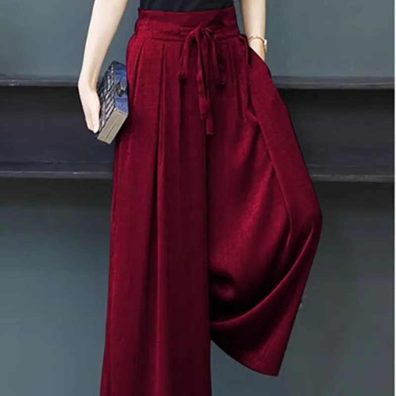 2025 Summer Casual Korean Version Skirt Pants New Wide-leg Women's Elastic Waist Mother Nine-point Thin Pants