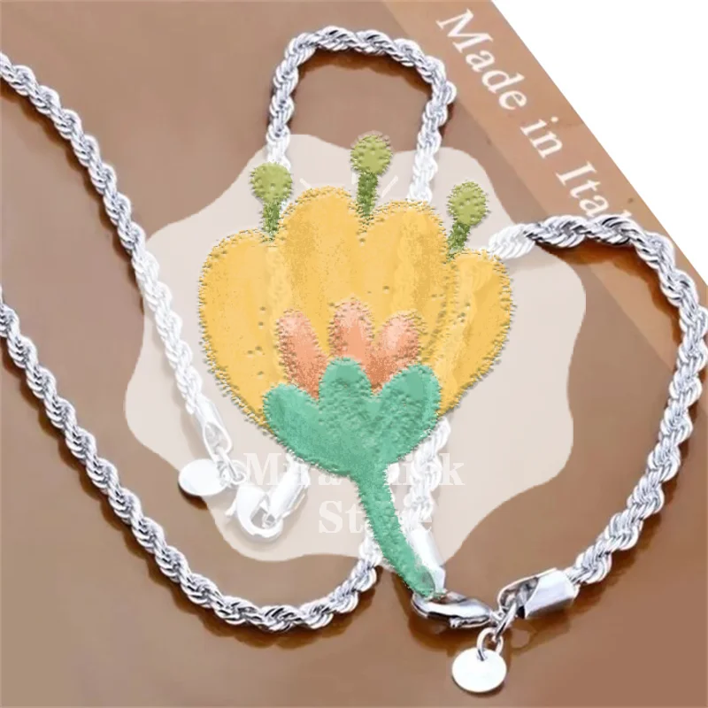 

High Quality 925 Silver 4MM Women Men Chain Male Twisted Rope Necklace Bracelets Fashion Silver Jewelry Set