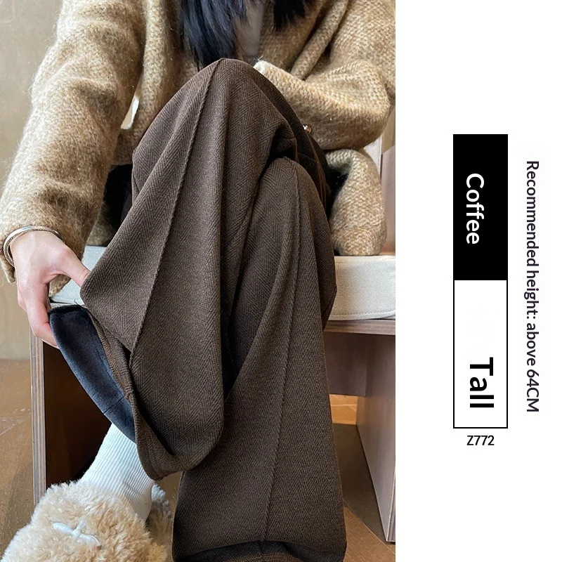Womens High Waist Herringbone Wool Wide Leg Trousers 2026 Spring Autumn Casual Straight Pants Plus Size Elegant Soft Warm Winter