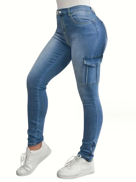 Calça apertada feminina de cintura alta, design de bolso, calça dupla com zíper lateral, roupa casual, nova moda, outono, Y2K, 2023