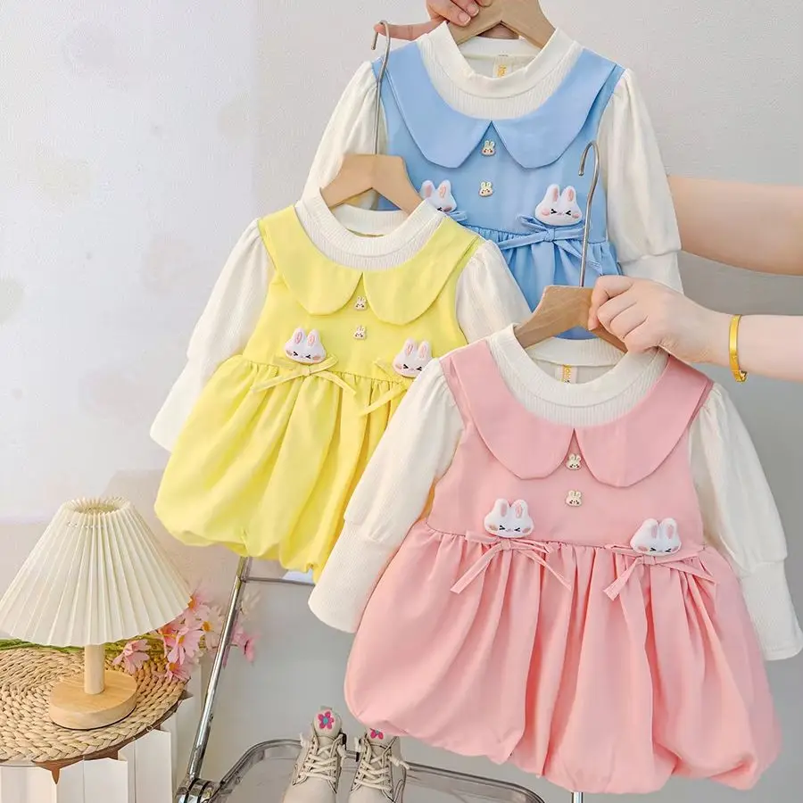 

Baby Girl Pink Dress Cute Bunny Bow Decoration Soft Knit Long Sleeve Dress for Kids Girl Autumn Daily Casual Dresses
