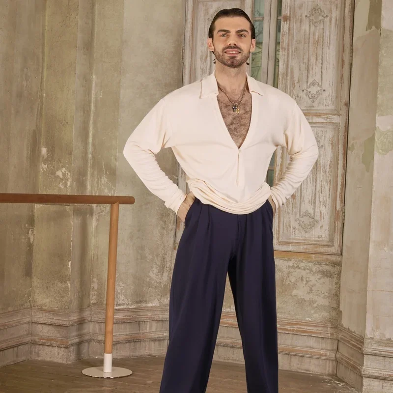 남성 긴 소매 연습 의류 성인 남성 룸바 볼룸 댄스 공연 의류 ZYM Deep V Neck Latin Dance Tops