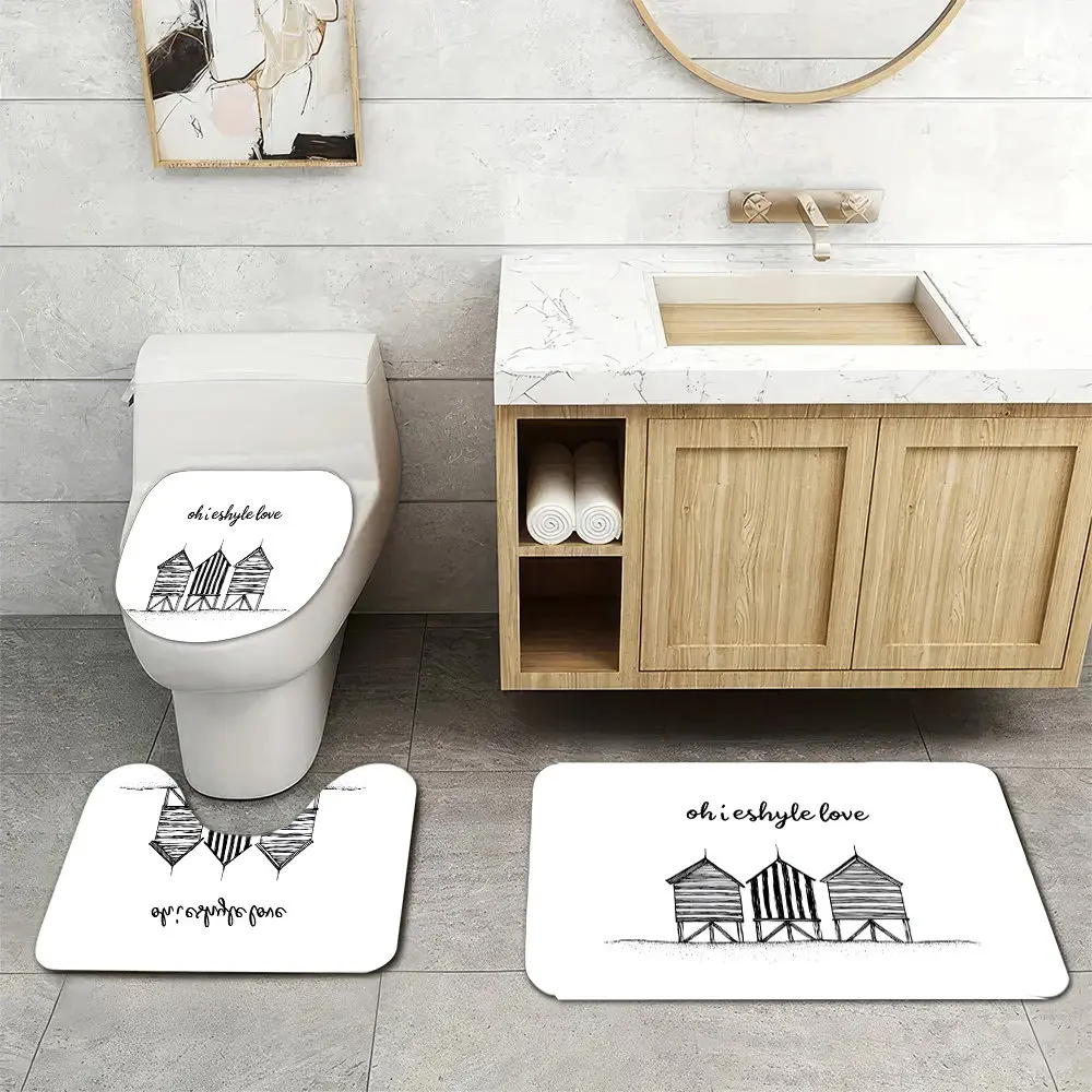 

3pcs Super Soft Bathroom Floor Mats Set, Non-slip Backing, Simple Line Drawing Of Beach Huts with Black And White Stripes T Prin