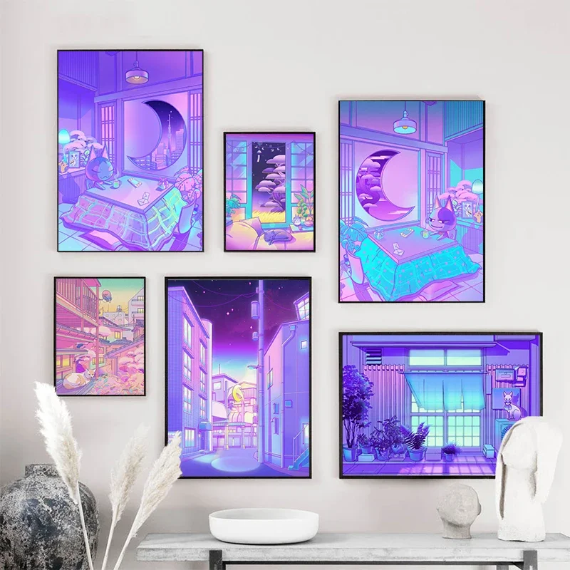 80s Vaporwave Style Wall Art Poster City Night Street Cat Canvas Painting Print Home Decoration Kawaii Room Decor Canvas Picture