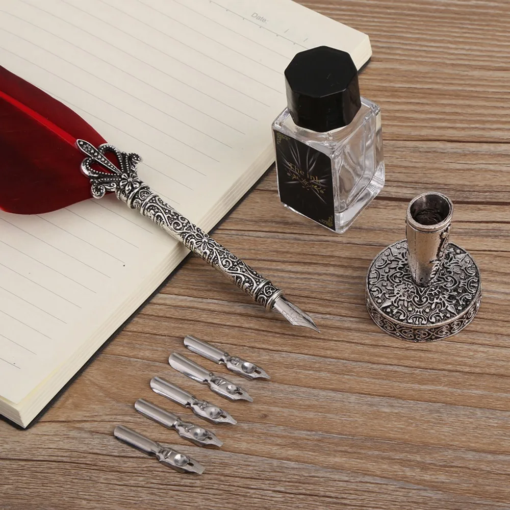 Without Ink Calligraphy Feather Dip Quill Pen with 5 Replacement Nibs Carved Base Quill Pen Set Retro Style Multiple Colors