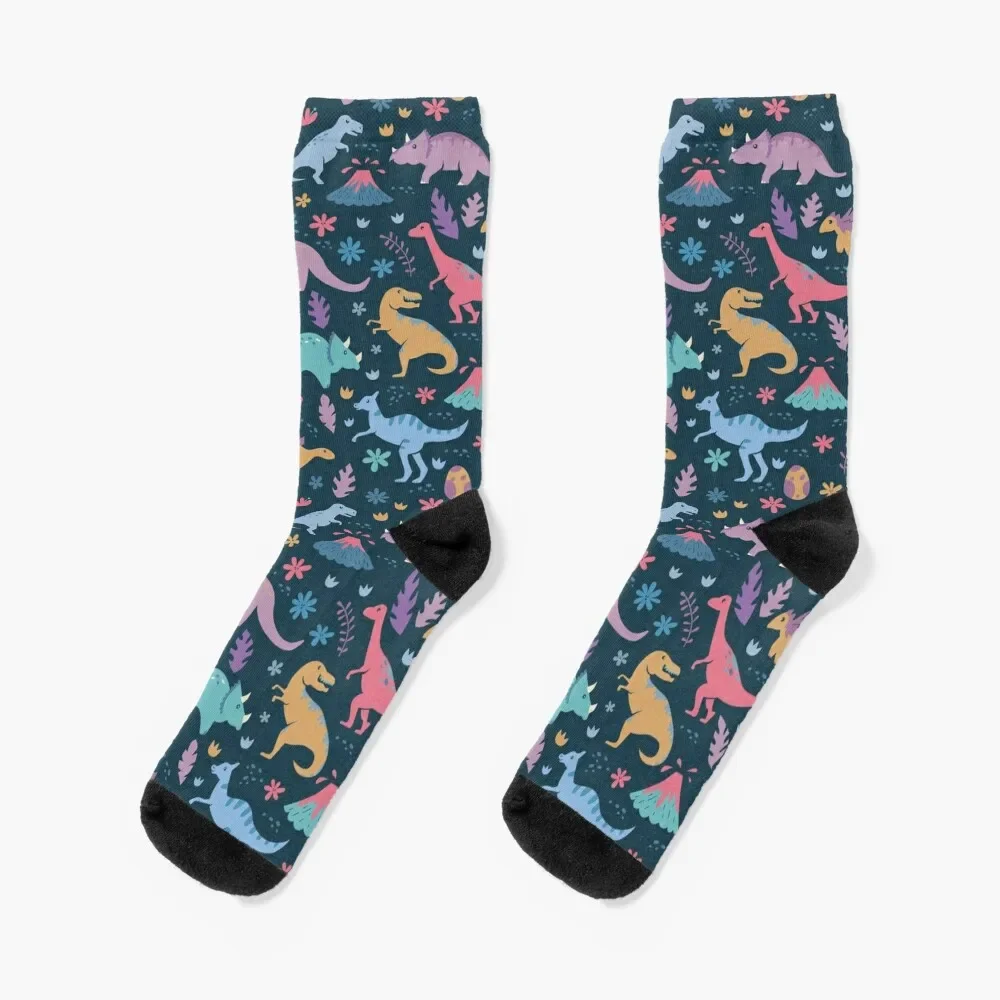 Dinosaur Pattern with Flowers and Volcanoes Socks Sports gifts Socks Male Women's