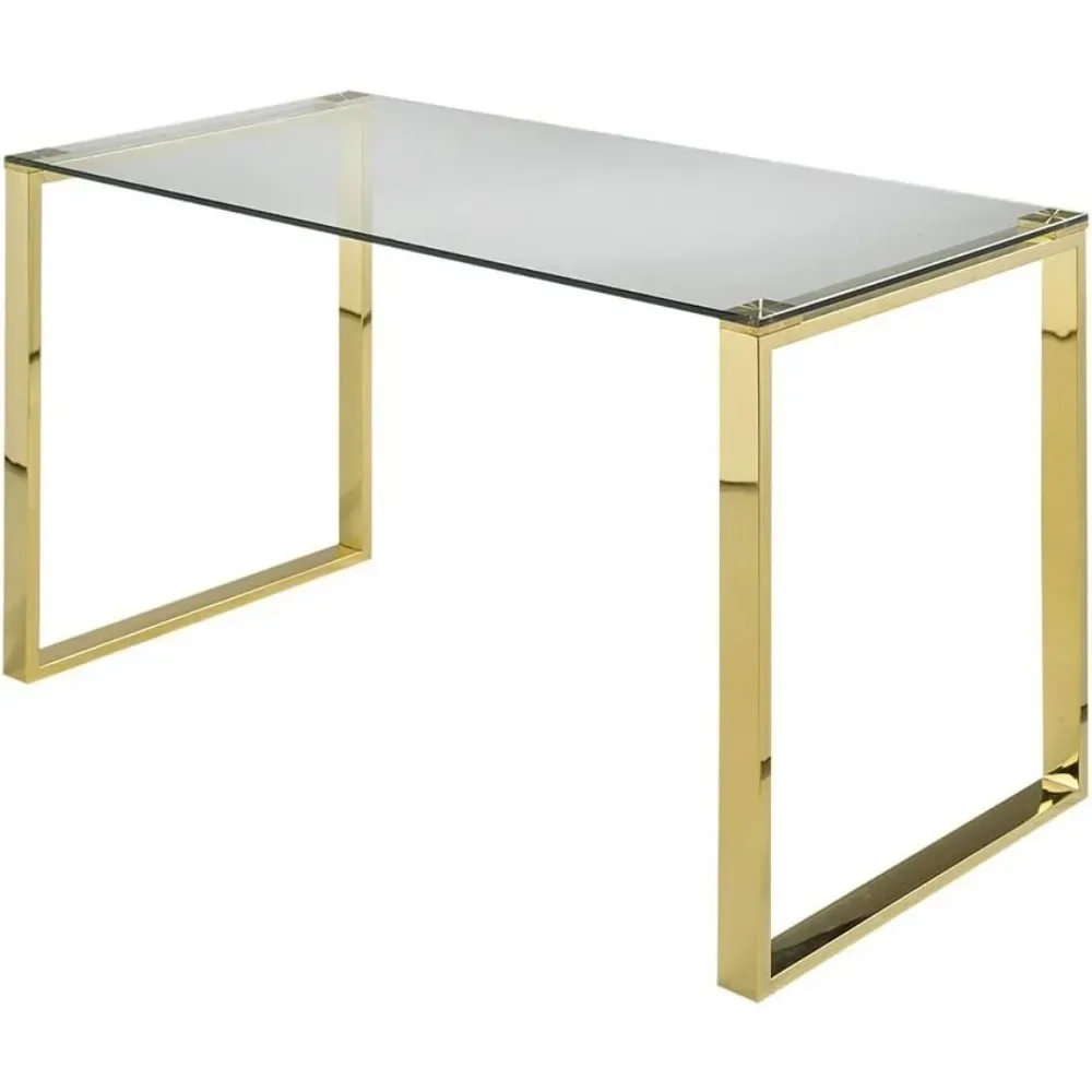 Computer Table for Home or Office Seating Desk Modern Writing Gold Leaf Stainless Steel Legs and Tempered Glass Top Mesa Pc Tv