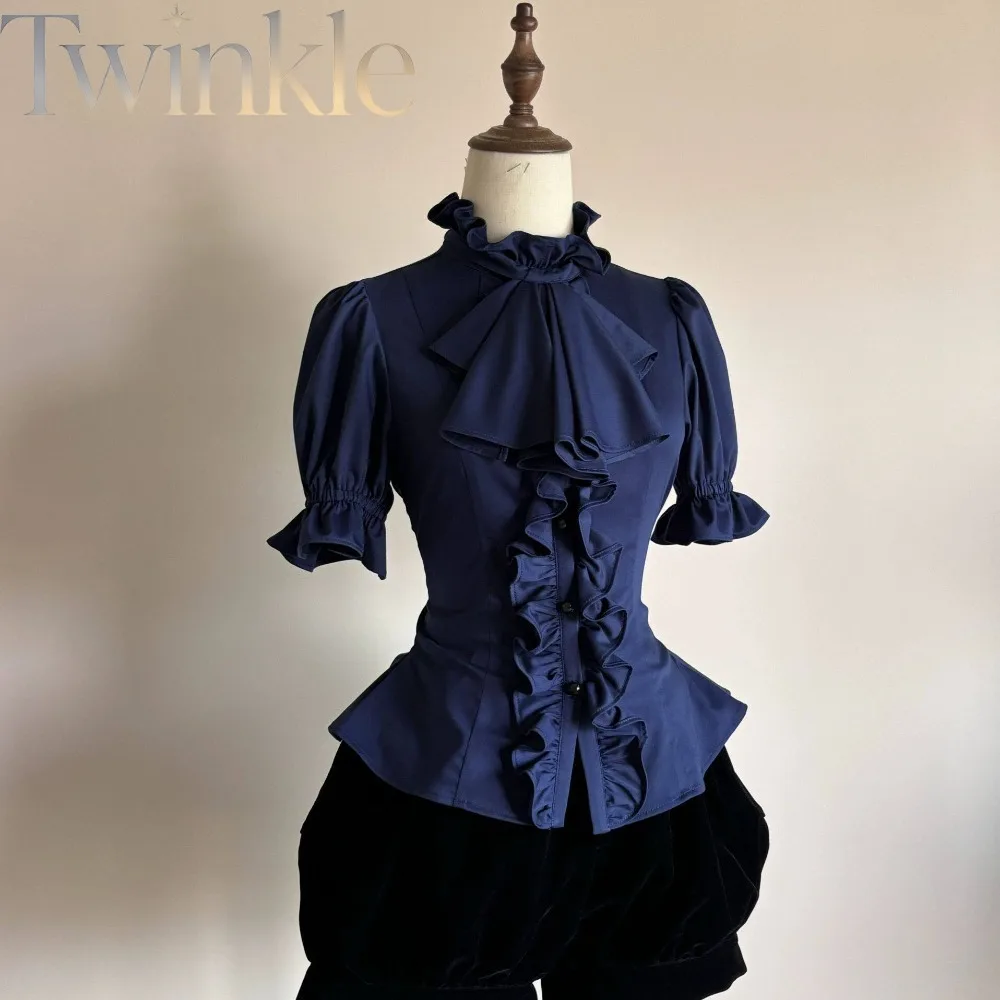 Gothic Lolita Inner Blouse Medieval Vintage Prince Costume Short Sleeve Klein Blue Lolita Shirt for Women