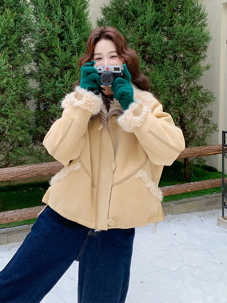 

Женская утепленная куртка с воротником из овчины, повседневная свободная модель с интегрированной подкладкой из флиса и меха