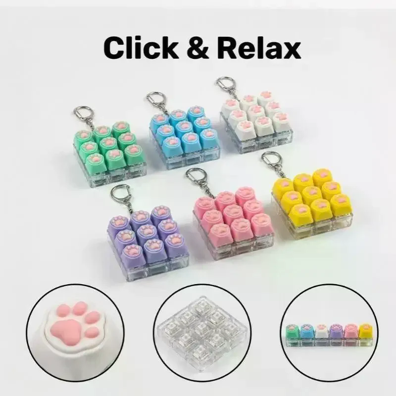 9 Keys Keyboard Key Toy Cat Paws Finger Button Stress Relief Toys Mechanical Keyboard Keycaps Keychain Office Decompression Calm