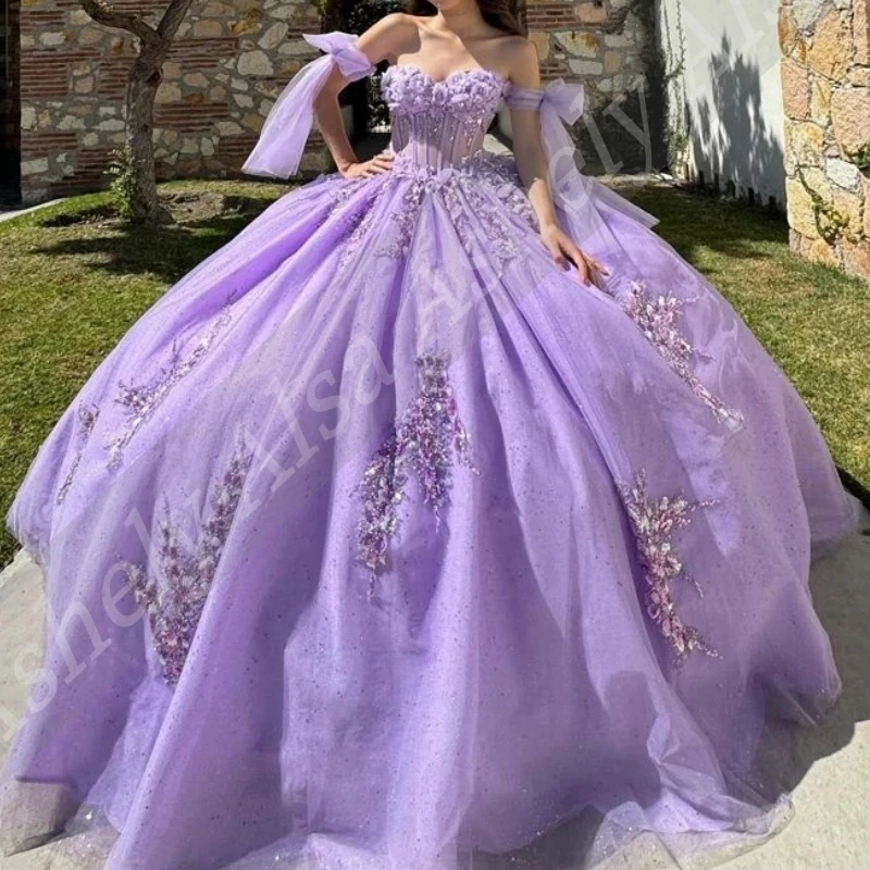 AQ41 فستان Quinceanera المكسيكي الخزامى المخصص ثوب حفلة زهرة الوهم للنساء مناسبة للحفلات الراقصة ملابس فيستدو دي XV 15 Anos