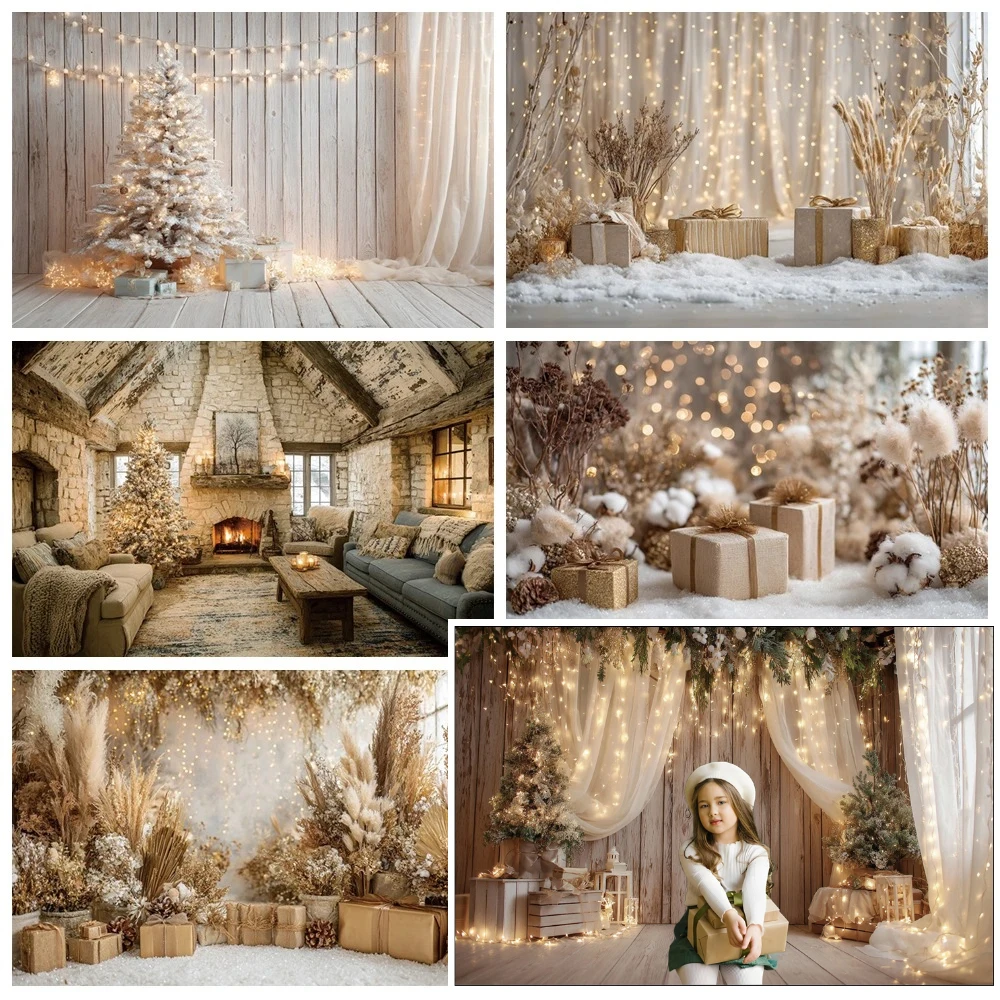

MOON.QG Winter Christmas Photographic Background Accessories Dried Flower Gift Wooden XmasTrees Backdrop Bokeh Photozone Studio