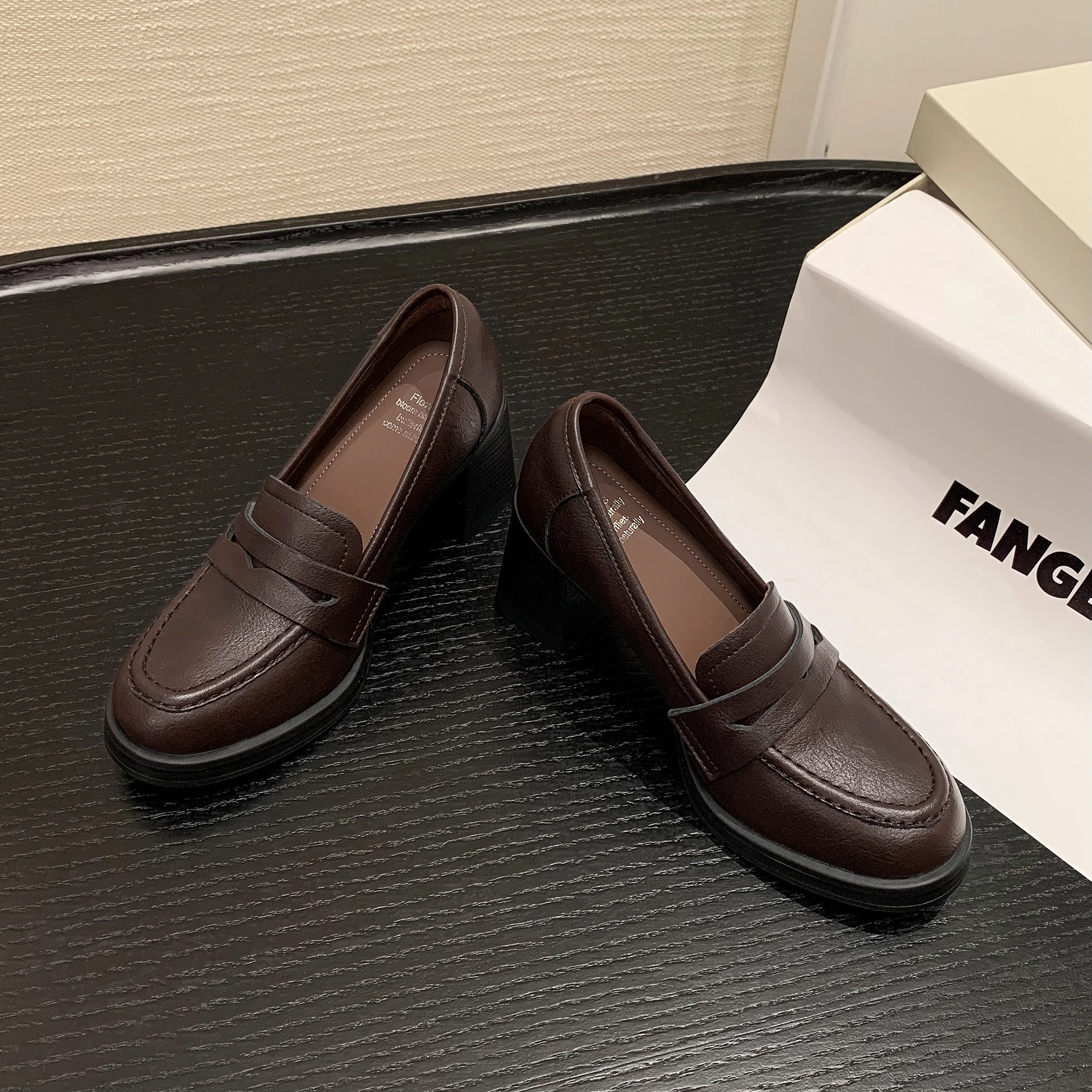 Loafers Women Genuine Leather Slip On Chunky Heel Vintage Preppy Style Versatile Handmade Shoes