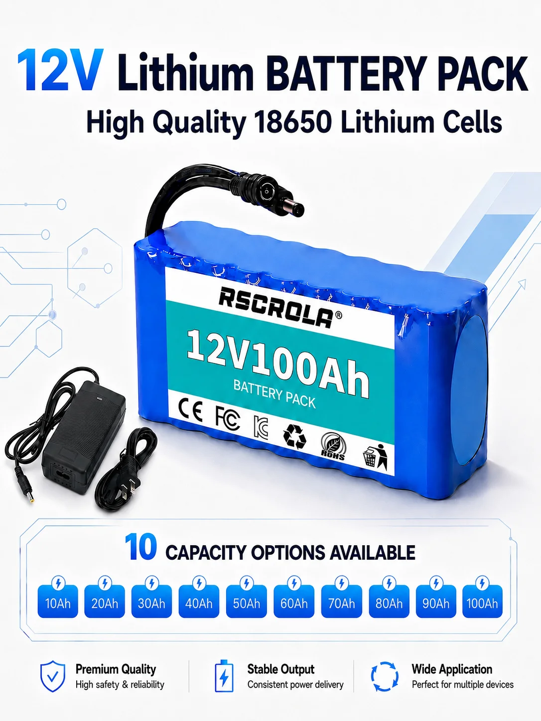 AliExpress Rscrola 12V 10Ah-100Ah 18650 Li-ion Battery Pack Built-in BMS + Free Charger Deep Cycle Replace Lead Acid for Solar LED RC Power Supply
