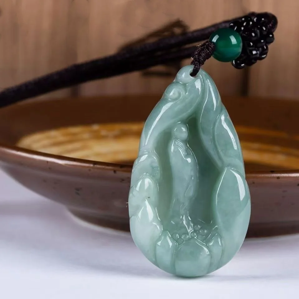 

Chinese Natural Jade Carving Buddha Standing Statue Necklace Pendant Statue