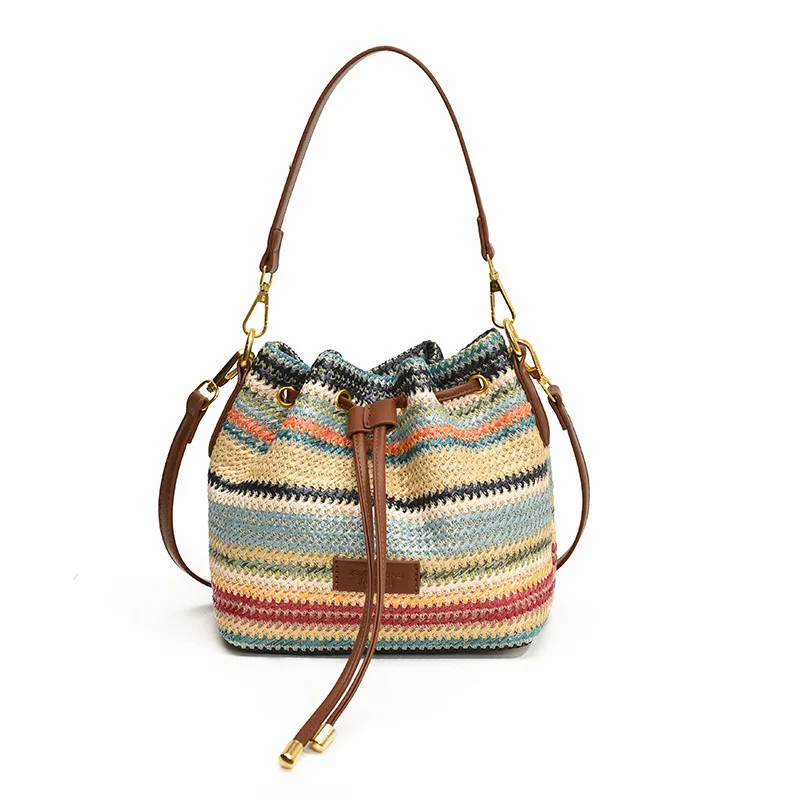 

Fashionable Color Blocked Grass Woven Bucket Bag For Women 2024 New Versatile Shoulder Bag Niche Trend High-end Feel Handbag