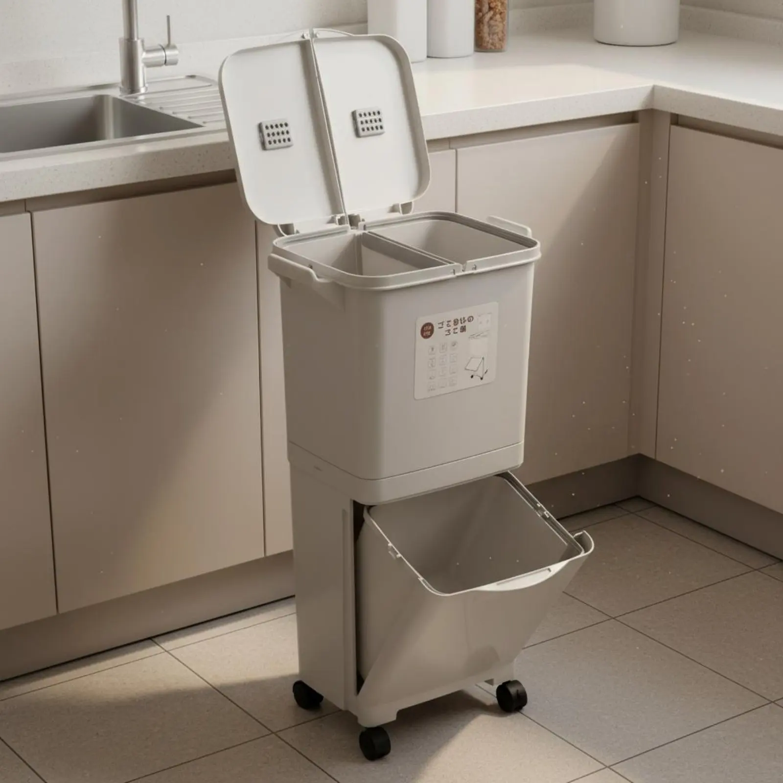 

Мусорное ведро с разделением на сухое и влажное отсеки, большой емкости, двухуровневое, со съемными внутренними ведрами