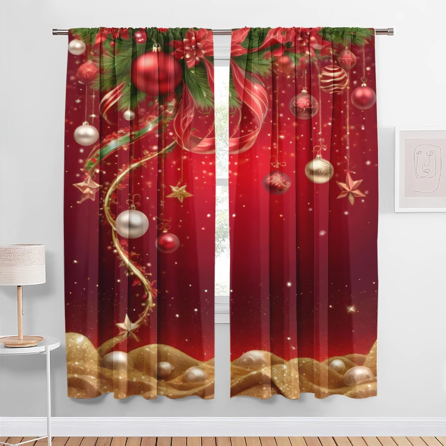 2PCS Christmas Digital Print Curtains, Red Gold Xmas Ornaments Baubles, Festive for Living Room Bedroom Window Decor