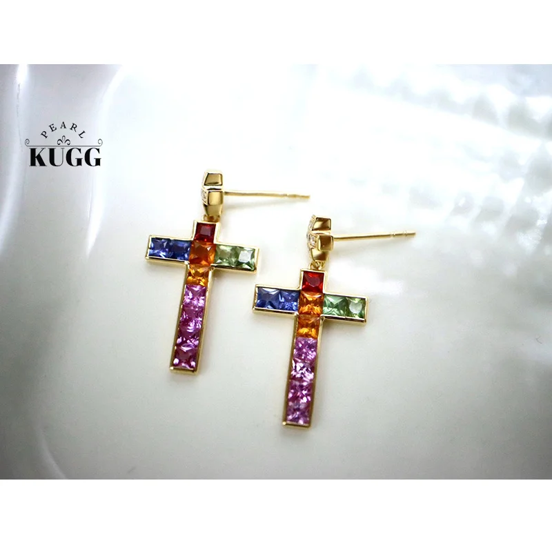 

KUGG 100% 18K Yellow Gold Earrings Luxury Natural Color Sapphire Cross Shaped Drop Earrings High Wedding Jewelry for Women