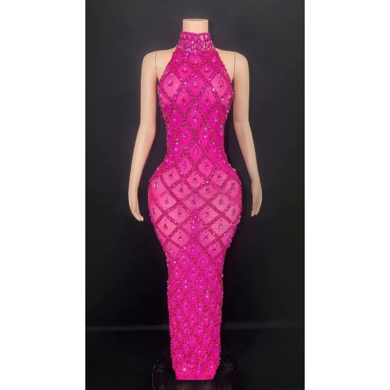 Costume Shiny Diamond Brown Mesh Ladies Temperament High-end Temperament Celebrity Birthday Evening Dresses Woman Elegant Luxury
