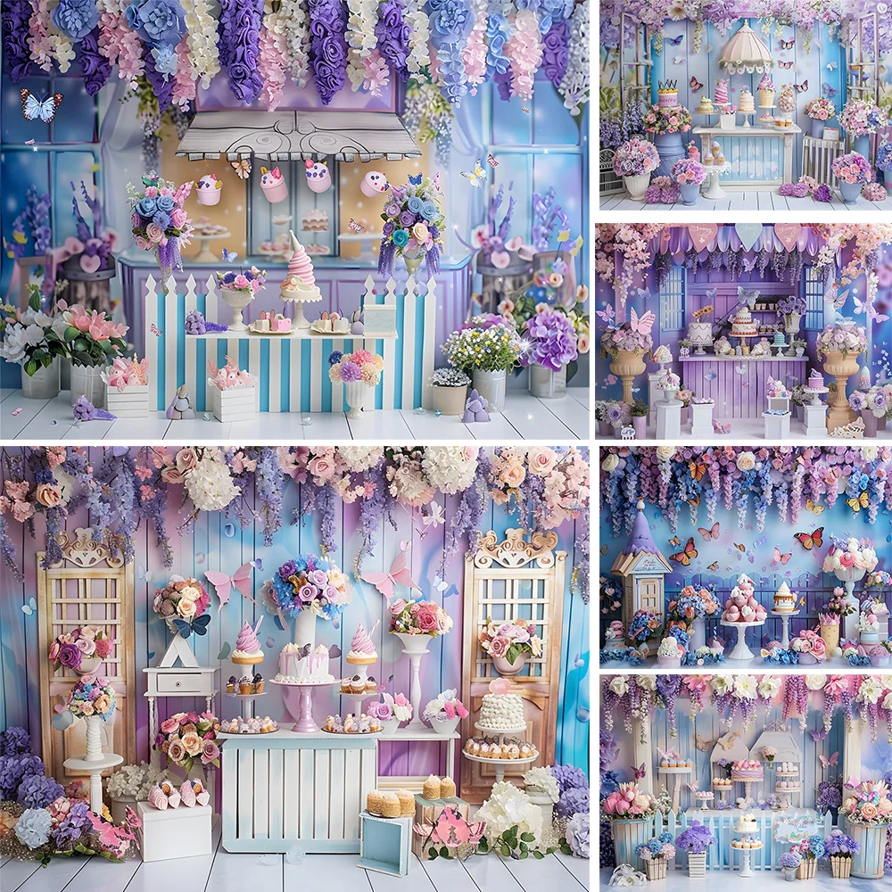 Tło fotograficzne dla dziewczynki urodziny wesele fioletowy marzycielski deser tło stołu motyl drewno Photozone rekwizyt studyjny