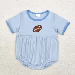 RTS Infant Boutique Wholesale Clothing Baby Boys Fall Football Embroidery Short Sleeve Blue Rompers Holiday Team Sleepers