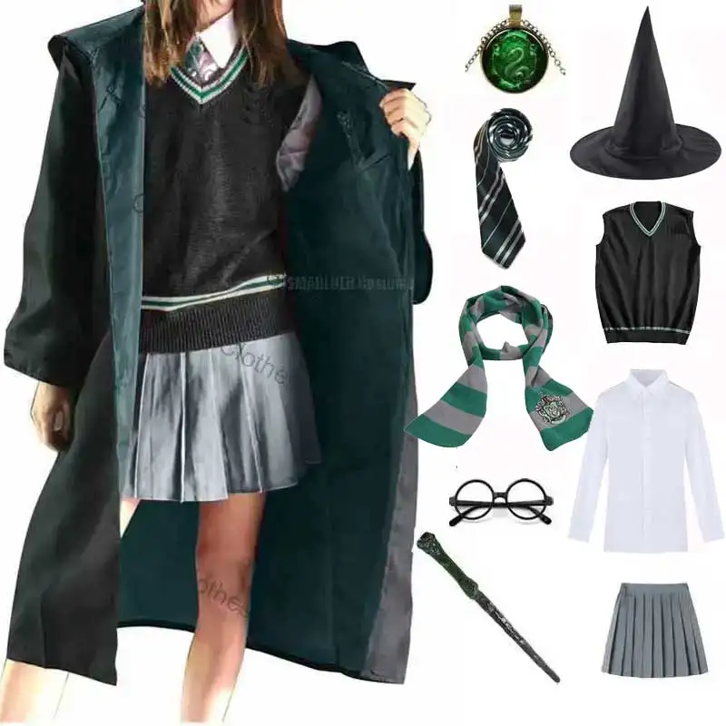 Unisex Slytherin Costume Magic Shool Robe Cape Sweater Dress Tie Glasses Witchcraft Cosplay Set Halloween Costume