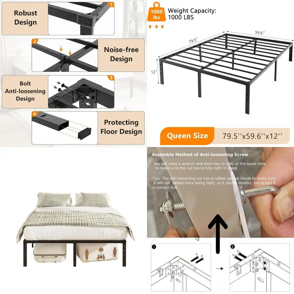 

12 Inch Queen Metal Bed Frame, No Box Spring Needed, Sturdy Slat Support, Easy Assembly, Noise-Free, 10 Inch Storage Space, Blac