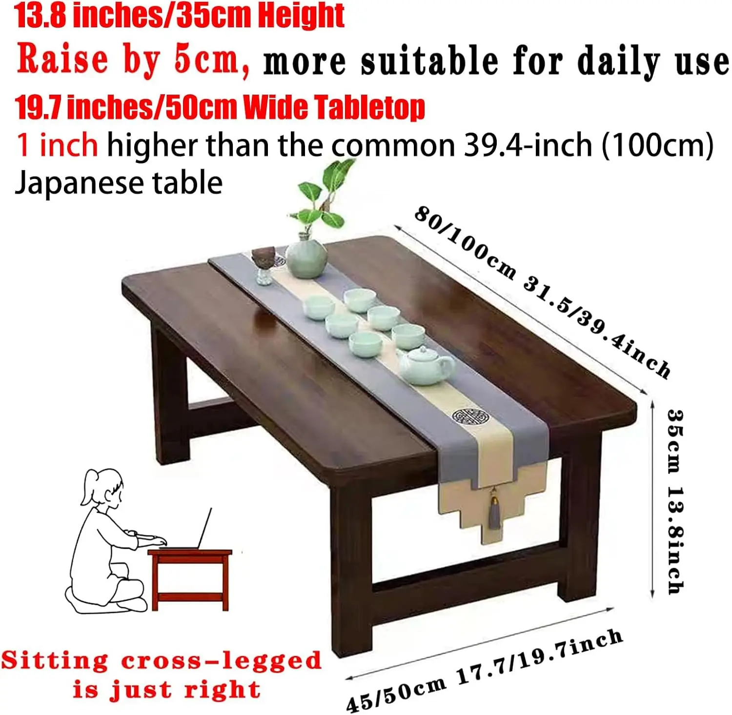 طاولة قهوة يابانية قابلة للطي مقاس 39.4 × 19.7 × 13.8 بوصة - طاولة محمولة من الخيزران والخشب الصلب، #2